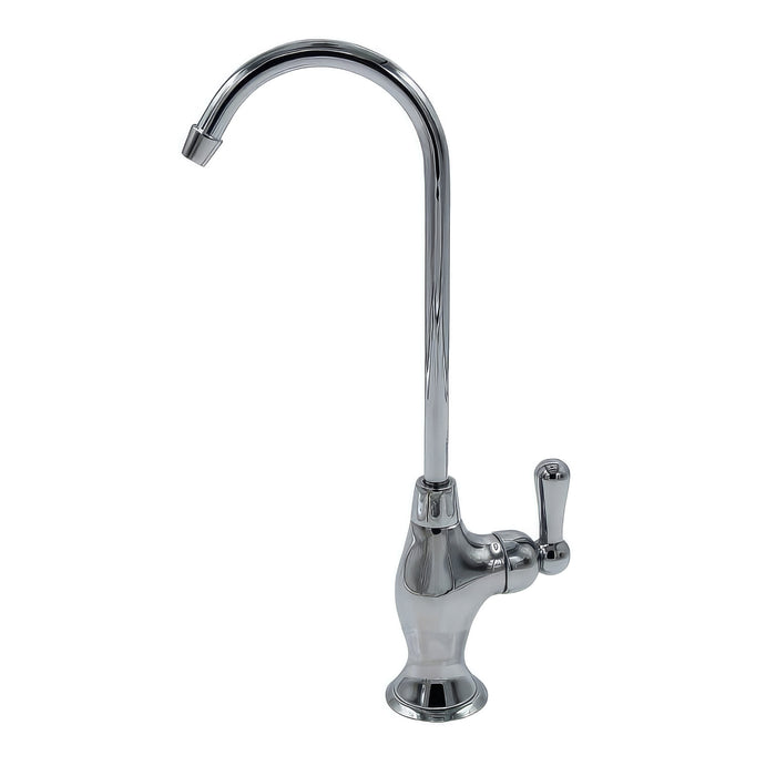 Point-of-use drinking faucet with teardrop base and side handle in polished nickel finish.