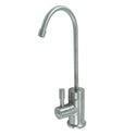 Point-of-use drinking faucet with contemporary round body and side handle in brushed nickel finish.