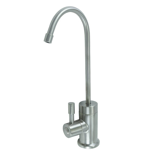 Point-of-use drinking faucet with contemporary round body and side handle in brushed nickel finish.