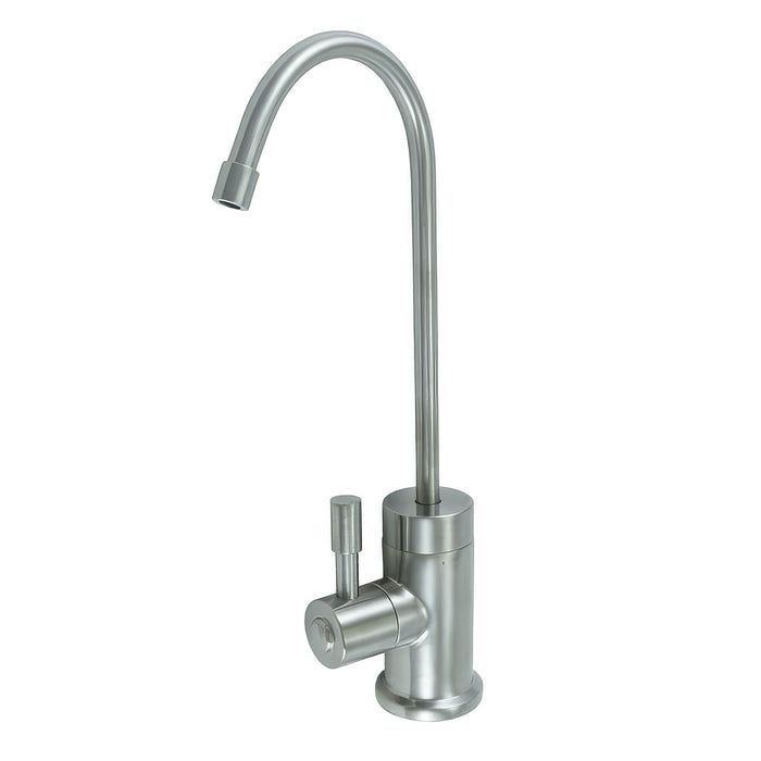 Point-of-use drinking faucet with contemporary round body and side handle in brushed nickel finish.