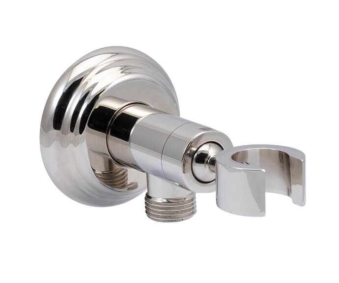 Traditional waterway elbow with adjustable handshower holder in polished chrome finish.