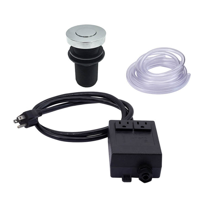 Round "Deluxe" flush waste disposer air switch with freedom mount in brushed stainless finish.