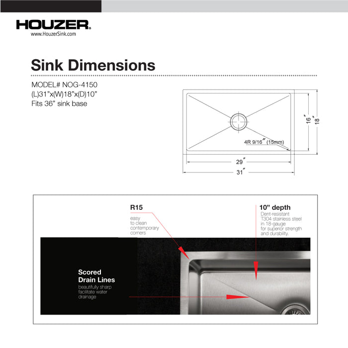 Houzer NOG-4150-1 Nouvelle 31" Undermount Single Bowl Kitchen Sink with Strainer & Grid