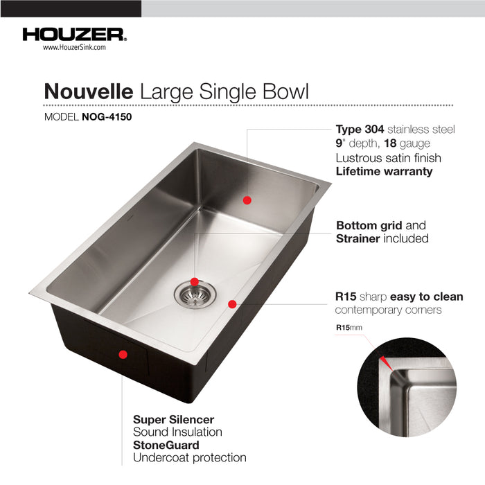 Houzer NOG-4150-1 Nouvelle 31" Undermount Single Bowl Kitchen Sink with Strainer & Grid