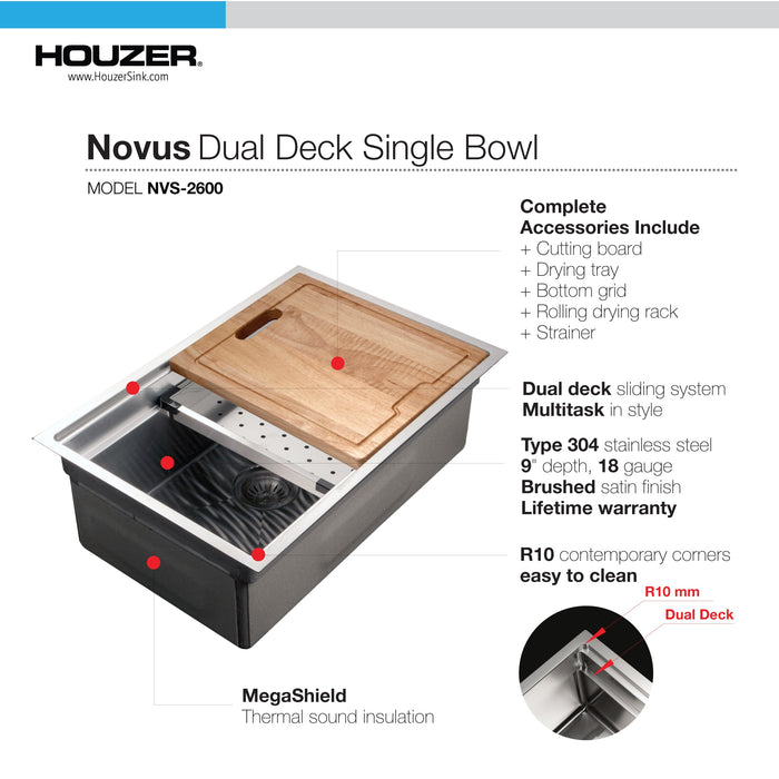 Houzer NVS-2600 26" Novus Undermount Dual Platform Workstation Kitchen Sink