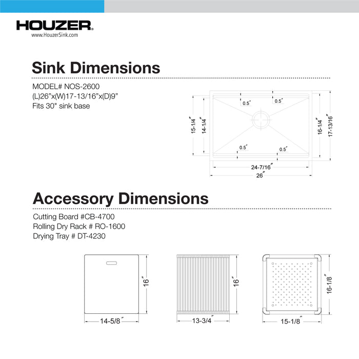 Houzer NVS-2600 26" Novus Undermount Dual Platform Workstation Kitchen Sink