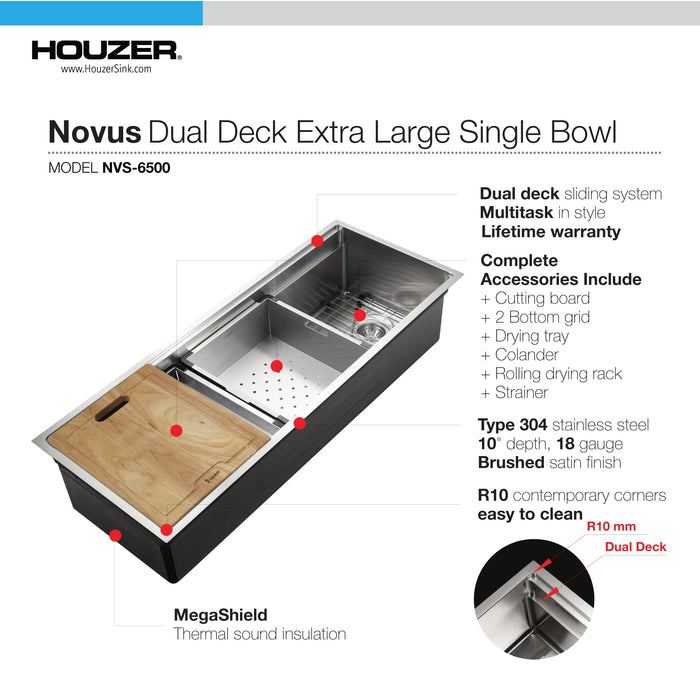 Houzer NVS-6500 45" Novus Undermount Dual Platform Workstation Single Bowl Kitchen Sink