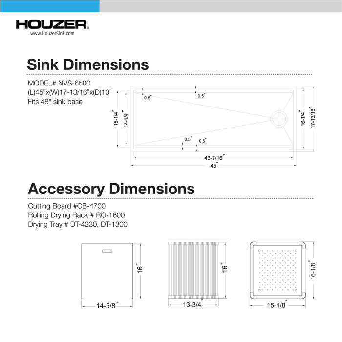 Houzer NVS-6500 45" Novus Undermount Dual Platform Workstation Single Bowl Kitchen Sink
