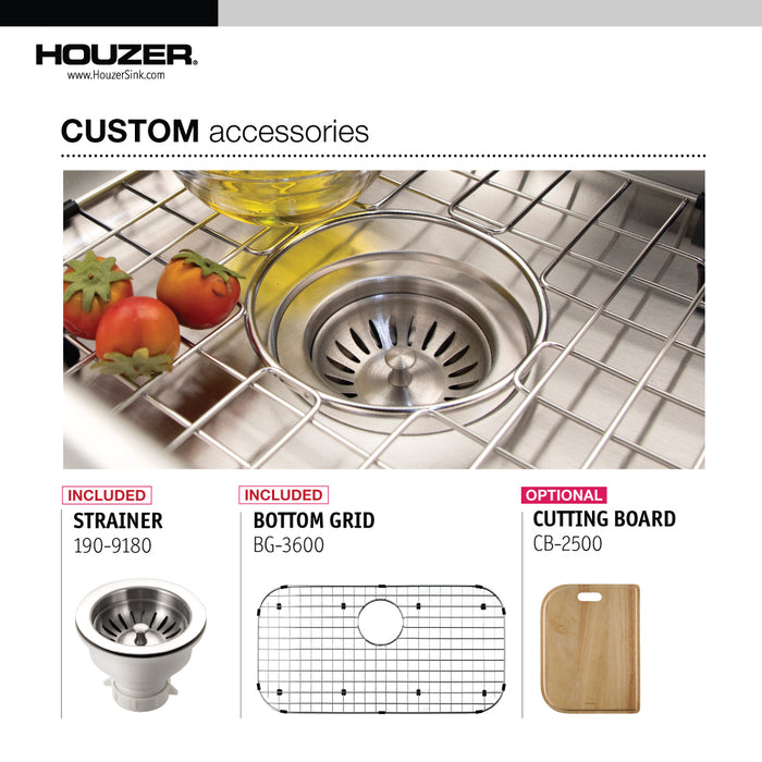 Houzer PGS-3122-1-C Premier 33" Stainless Steel Drop-in 1-Hole Single Bowl Kitchen Sink with Strainer & Grid