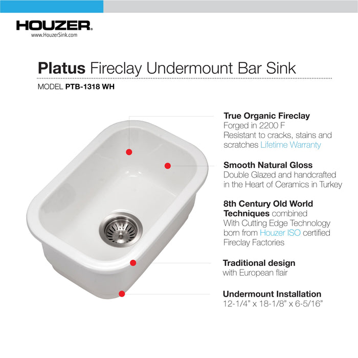 Houzer PTB-1318 WH-C Platus 13" White Fireclay Undermount Single Bowl Bar Sink with Strainer & Grid