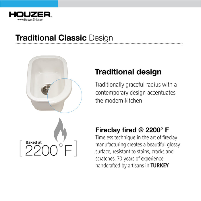 Houzer PTB-1318 WH-C Platus 13" White Fireclay Undermount Single Bowl Bar Sink with Strainer & Grid