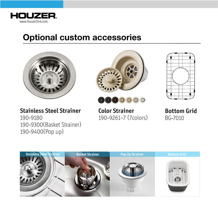 Houzer PTB-1318 WH-C Platus 13" White Fireclay Undermount Single Bowl Bar Sink with Strainer & Grid
