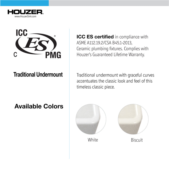 Houzer PTB-1318 WH Platus 13" White Fireclay Undermount Single Bowl Bar Sink