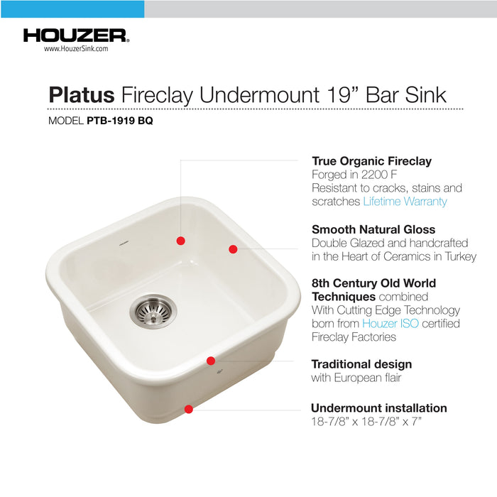 Houzer PTB-1919 BQ Platus 19" Biscuit Fireclay Undermount Square Single Bowl Bar Sink