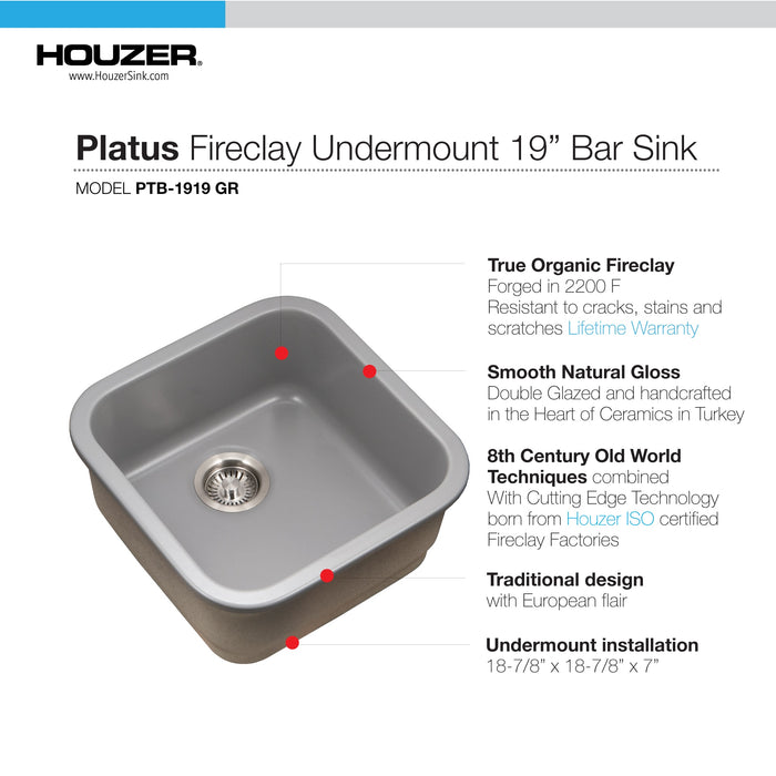 Houzer PTB-1919 GR Platus 19" Gray Fireclay Undermount Square Single Bowl Bar Sink