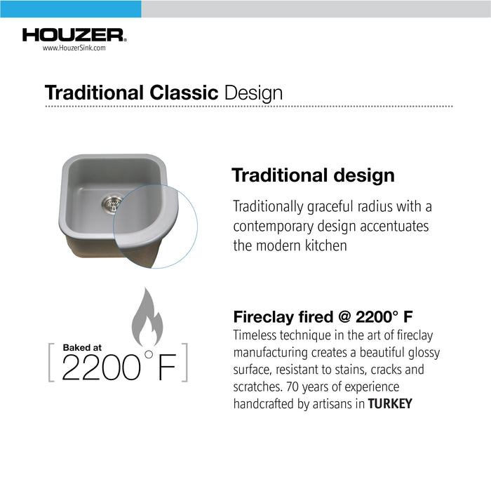 Houzer PTB-1919 GR Platus 19" Gray Fireclay Undermount Square Single Bowl Bar Sink