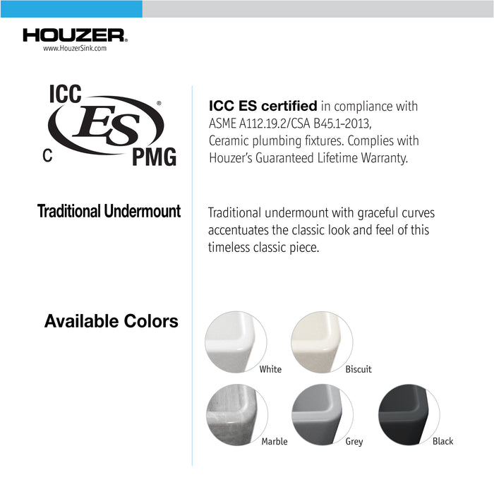 Houzer PTB-1919 GR Platus 19" Gray Fireclay Undermount Square Single Bowl Bar Sink