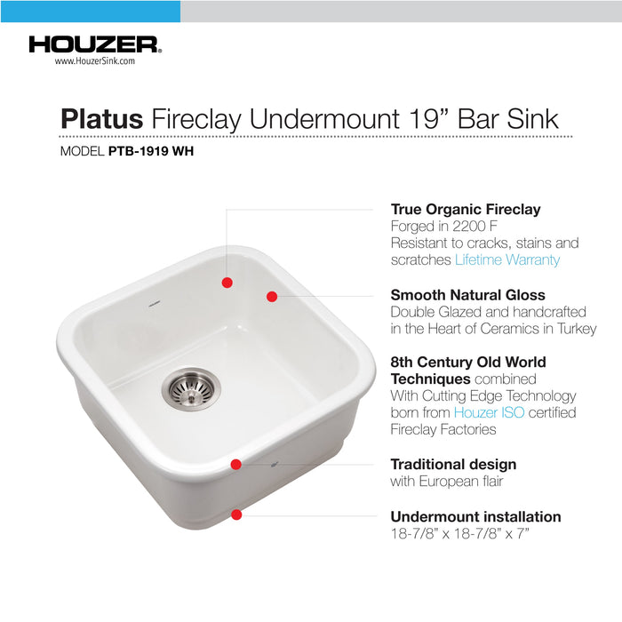 Houzer PTB-1919 WH-C Platus 19" White Fireclay Undermount Square Bar Sink with Strainer & Grid