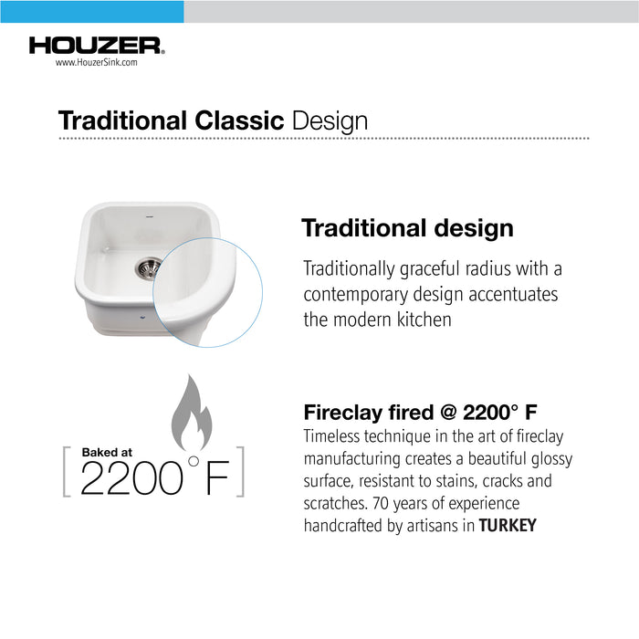 Houzer PTB-1919 WH-C Platus 19" White Fireclay Undermount Square Bar Sink with Strainer & Grid