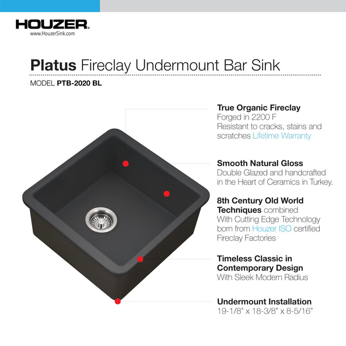 Houzer PTB-2020 BL Platus 20" Black Fireclay Undermount Square Single Bowl Bar Sink