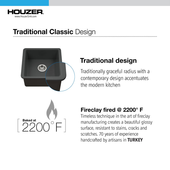 Houzer PTB-2020 BL Platus 20" Black Fireclay Undermount Square Single Bowl Bar Sink