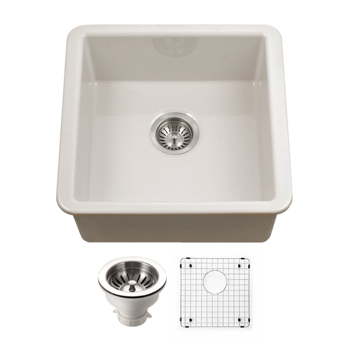 Houzer PTB-2020 BQ-C Platus 20" Biscuit Fireclay Undermount Square Single Bowl Bar Sink