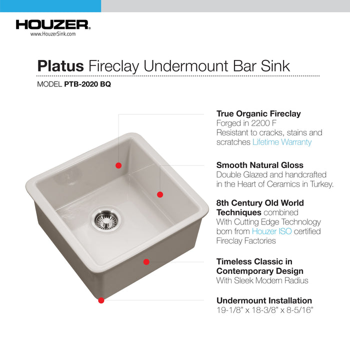Houzer PTB-2020 BQ Platus 20" Biscuit Fireclay Undermount Square Single Bowl Bar Sink