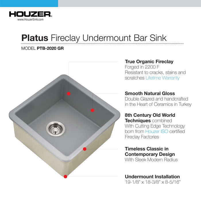 Houzer PTB-2020 GR Platus 20" Gray Fireclay Undermount Square Single Bowl Bar Sink