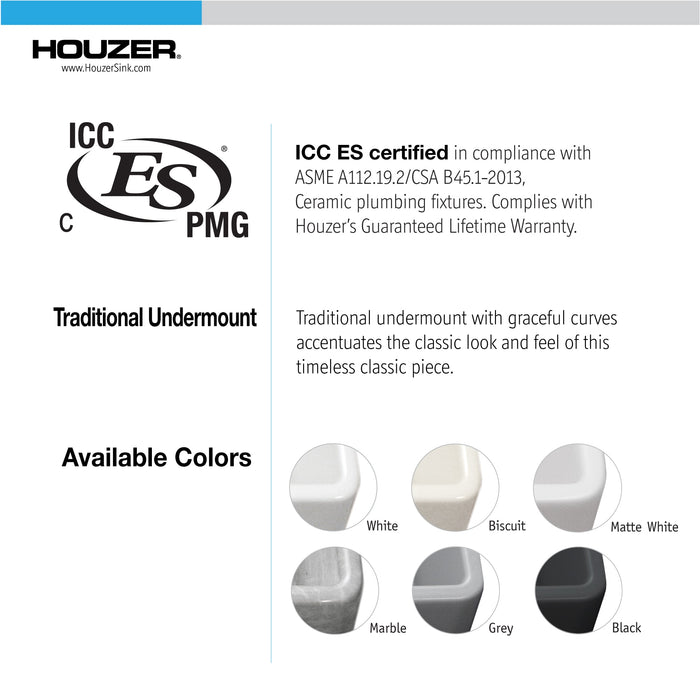 Houzer PTB-2020 MWH Platus 20" Matte White Fireclay Undermount Square Single Bowl Bar Sink