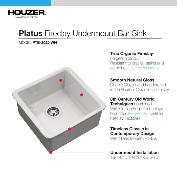 Houzer PTB-2020 WH Platus 20" White Fireclay Undermount Square Single Bowl Bar Sink