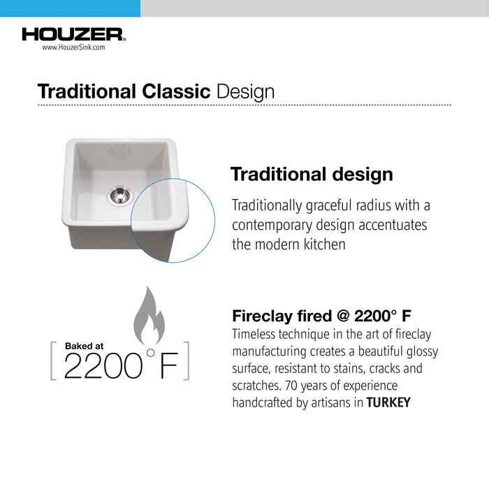Houzer PTB-2020 WH Platus 20" White Fireclay Undermount Square Single Bowl Bar Sink