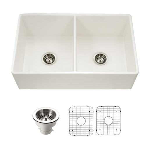 Houzer PTD-4400 BQ-C Platus 33" Biscuit Fireclay Apron Front Farmhouse 50/50 Double Bowl Kitchen Sink