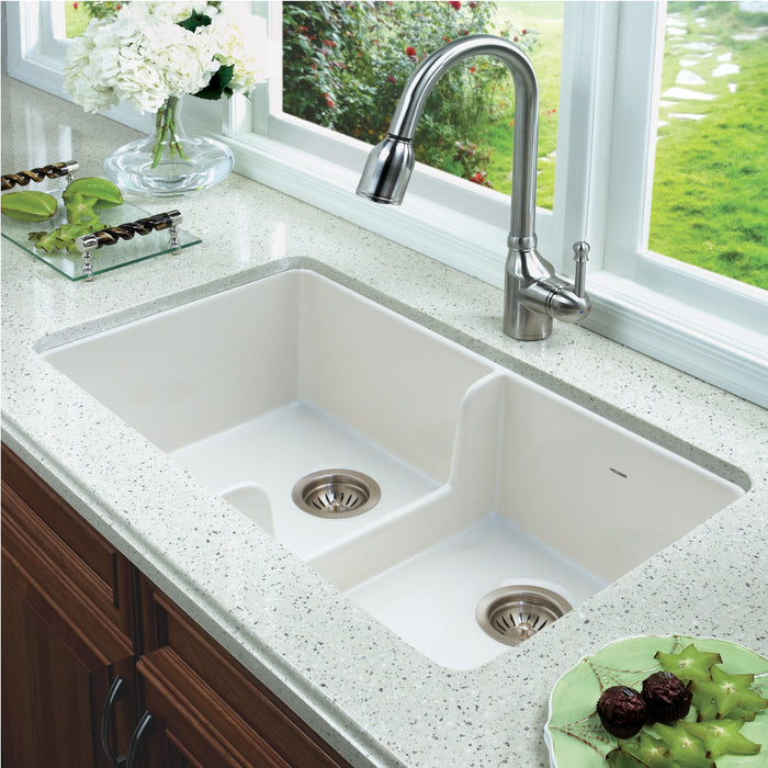 Houzer PTD-6400 WH Platus 32" White Fireclay Farmhouse 50/50 Double Bowl Kitchen Sink with Low Divider