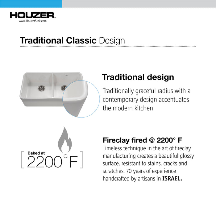 Houzer PTD-6400 WH Platus 32" White Fireclay Farmhouse 50/50 Double Bowl Kitchen Sink with Low Divider