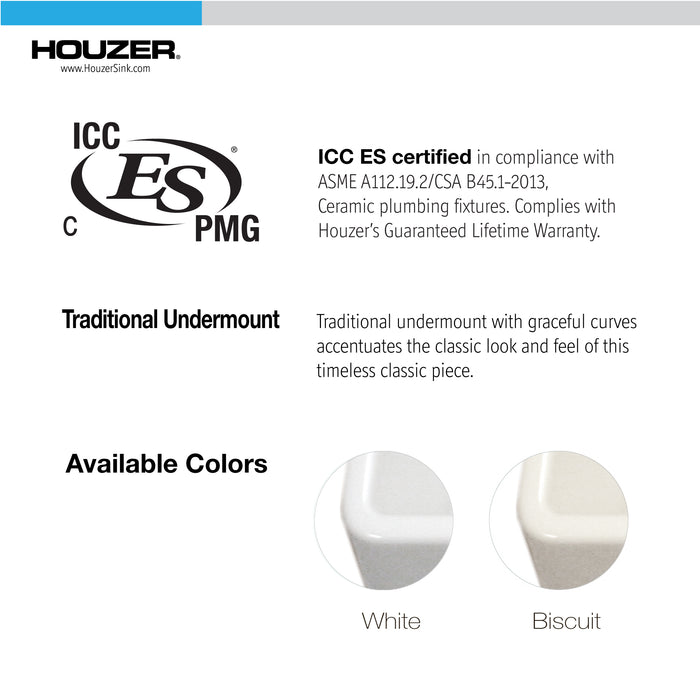 Houzer PTD-6400 WH Platus 32" White Fireclay Farmhouse 50/50 Double Bowl Kitchen Sink with Low Divider
