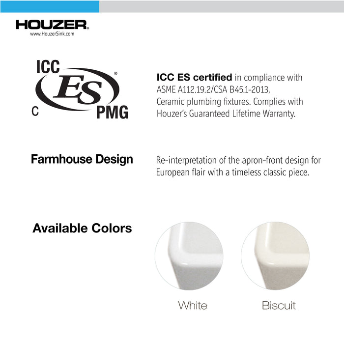 Houzer PTG-3600 WH Platus 36" White Fireclay Apron Front Farmhouse Single Bowl Kitchen Sink