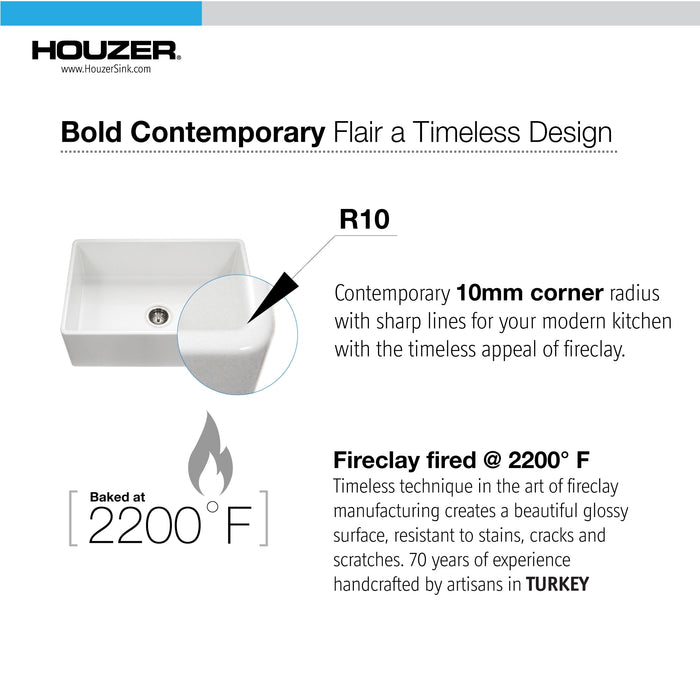 Houzer PTG-4300 BQ Platus 33" Biscuit Fireclay Apron Front Farmhouse Single Bowl Kitchen Sink