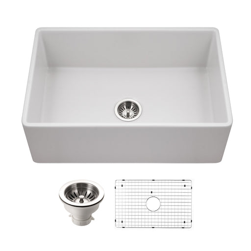 Houzer PTS-4100 MWH-C Platus 30" Matte White Fireclay Apron Front Farmhouse Single Bowl Kitchen Sink
