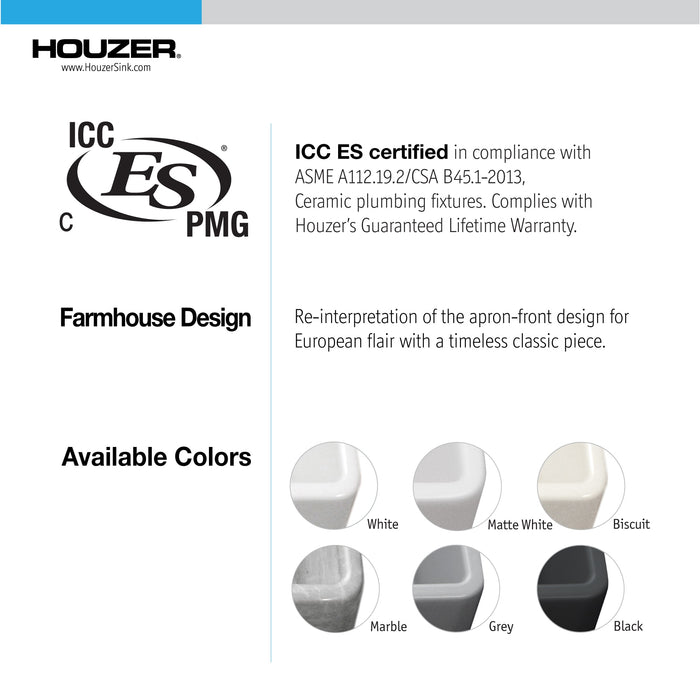 Houzer PTS-4100 MWH Platus 30" Matte White Fireclay Apron Front Farmhouse Single Bowl Kitchen Sink