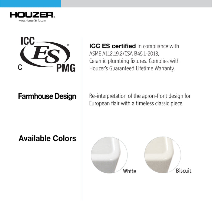 Houzer PTS-4118 WH Platus 30" White Fireclay Apron Front Farmhouse Single Bowl Kitchen Sink