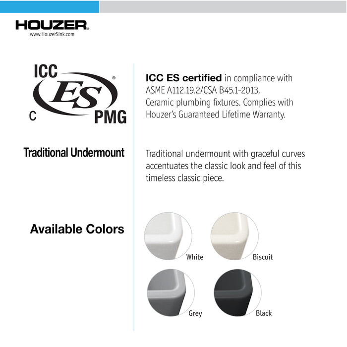 Houzer PTU-2800 GR Platus 26" Gray Fireclay Undermount Single Bowl Kitchen Sink