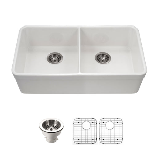 Houzer PTU-3200 WH-C Platus 32" White Fireclay Undermount 50/50 Double Bowl Kitchen Sink