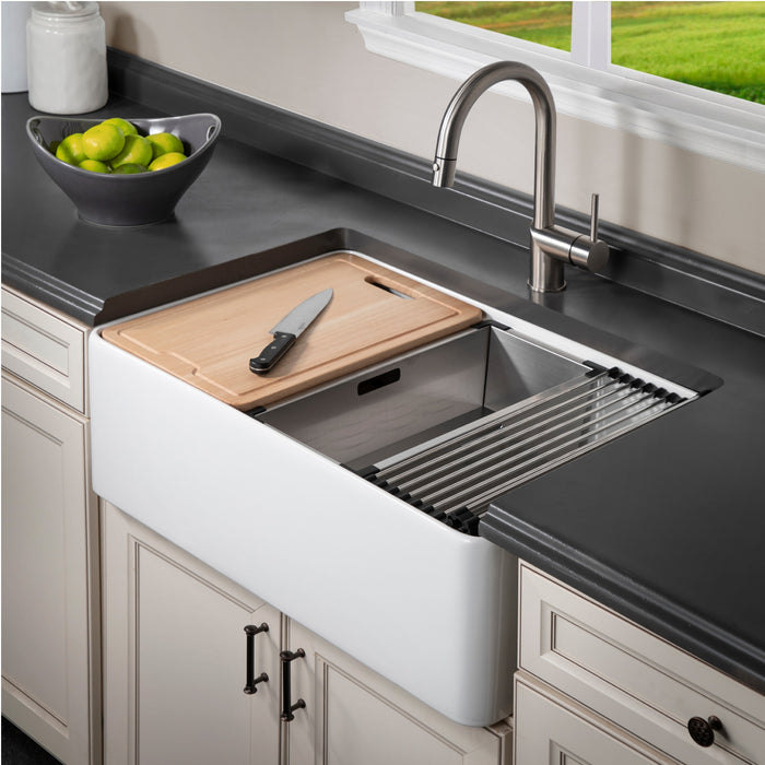 Houzer PTW-3020S WH Aspire 30" White Fireclay Farmhouse Single Bowl Workstation Sink