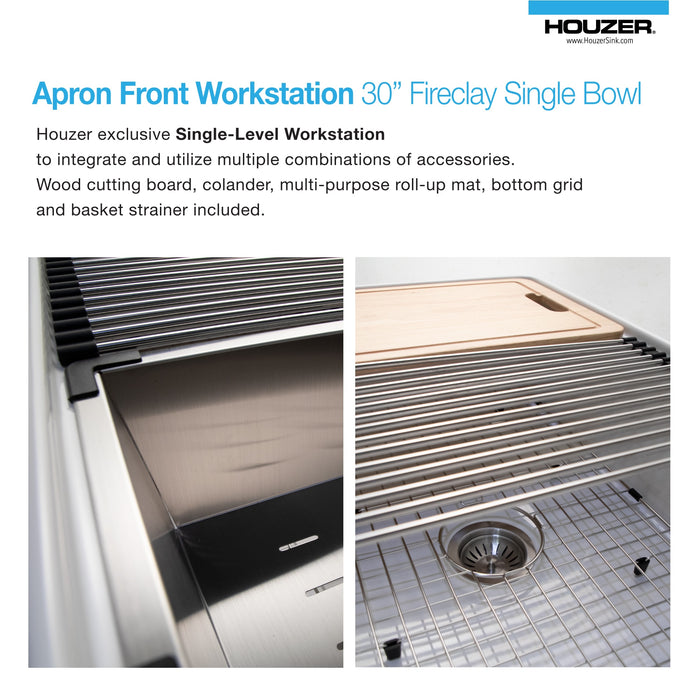 Houzer PTW-3020S WH Aspire 30" White Fireclay Farmhouse Single Bowl Workstation Sink