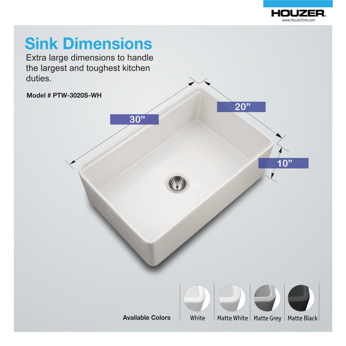 Houzer PTW-3020S WH Aspire 30" White Fireclay Farmhouse Single Bowl Workstation Sink