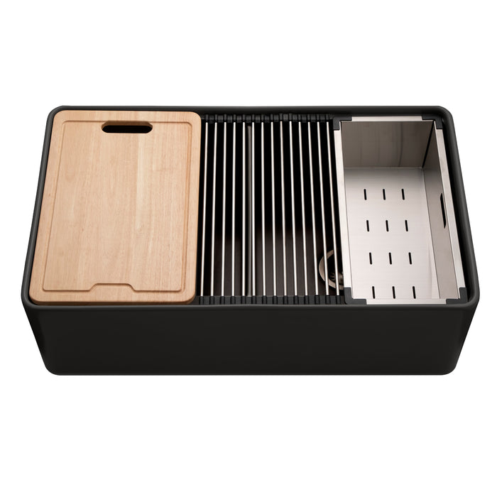 Houzer PTW-3320SD BL Aspire 33" Black Fireclay Farmhouse 50/50 Double Bowl Workstation Sink