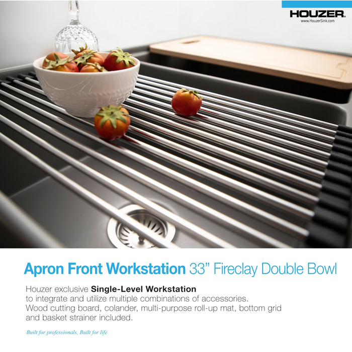 Houzer PTW-3320SD BL Aspire 33" Black Fireclay Farmhouse 50/50 Double Bowl Workstation Sink