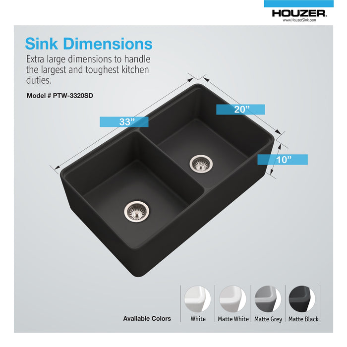 Houzer PTW-3320SD BL Aspire 33" Black Fireclay Farmhouse 50/50 Double Bowl Workstation Sink