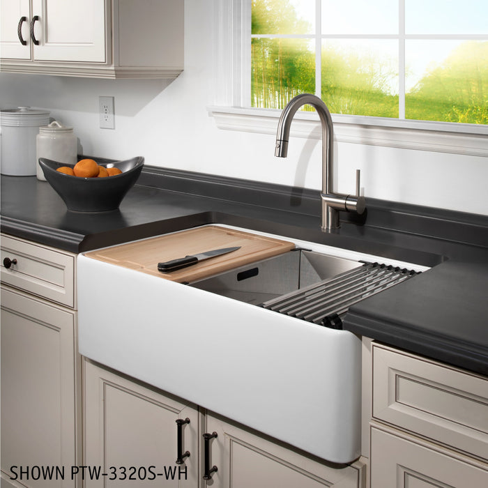 Houzer PTW-3320SD MWH Aspire 33" Matte White Fireclay Farmhouse Double Bowl Workstation Sink