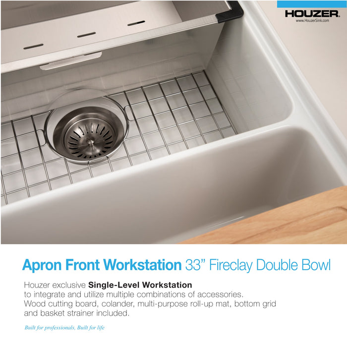 Houzer PTW-3320SD MWH Aspire 33" Matte White Fireclay Farmhouse Double Bowl Workstation Sink